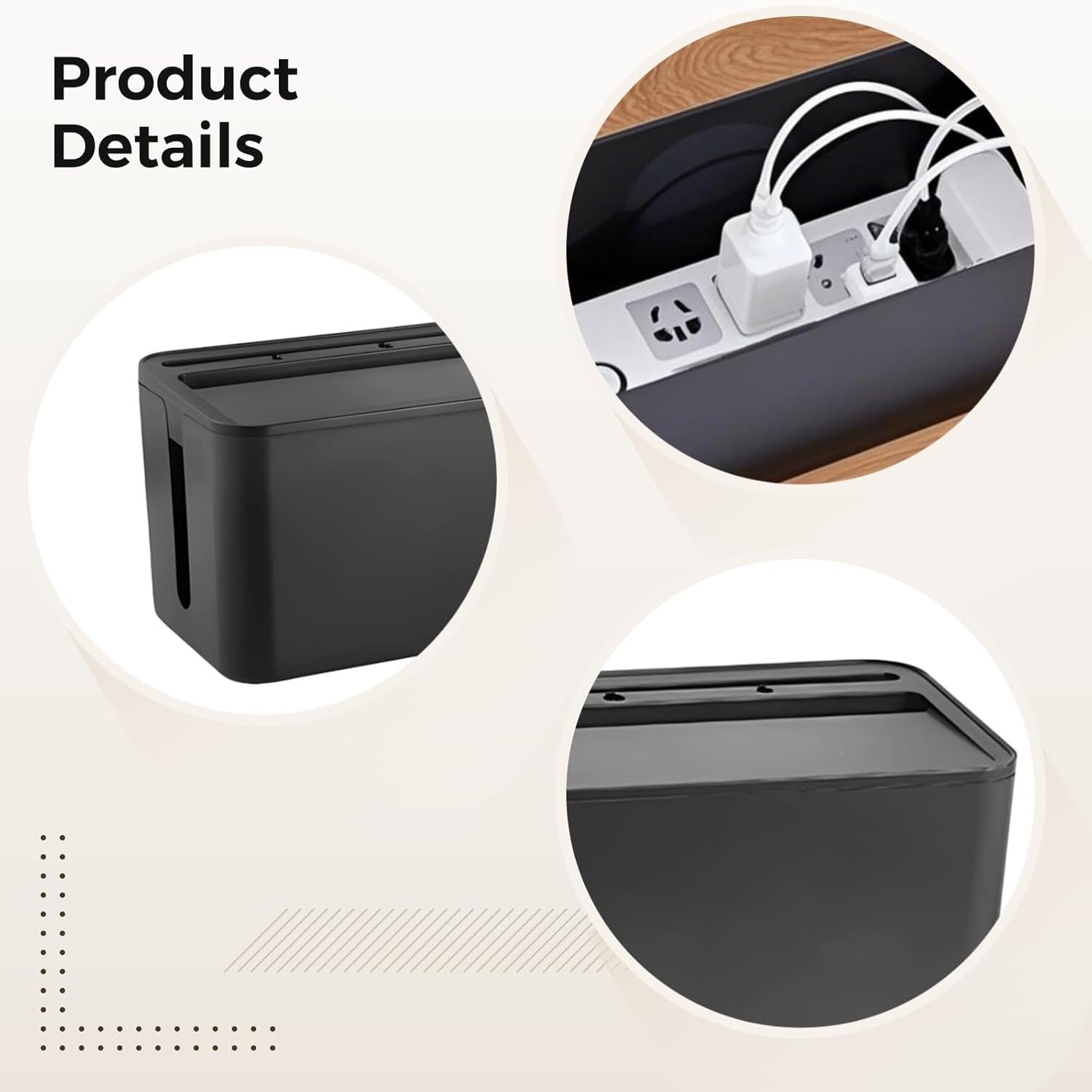 Cord Organizer Box, Black Cable Management Box with Bamboo Lid, Large Cable Storage Box with Multiple Slots and USB Port for Power Strip, Charging Cables, and Electrical Cord Organization