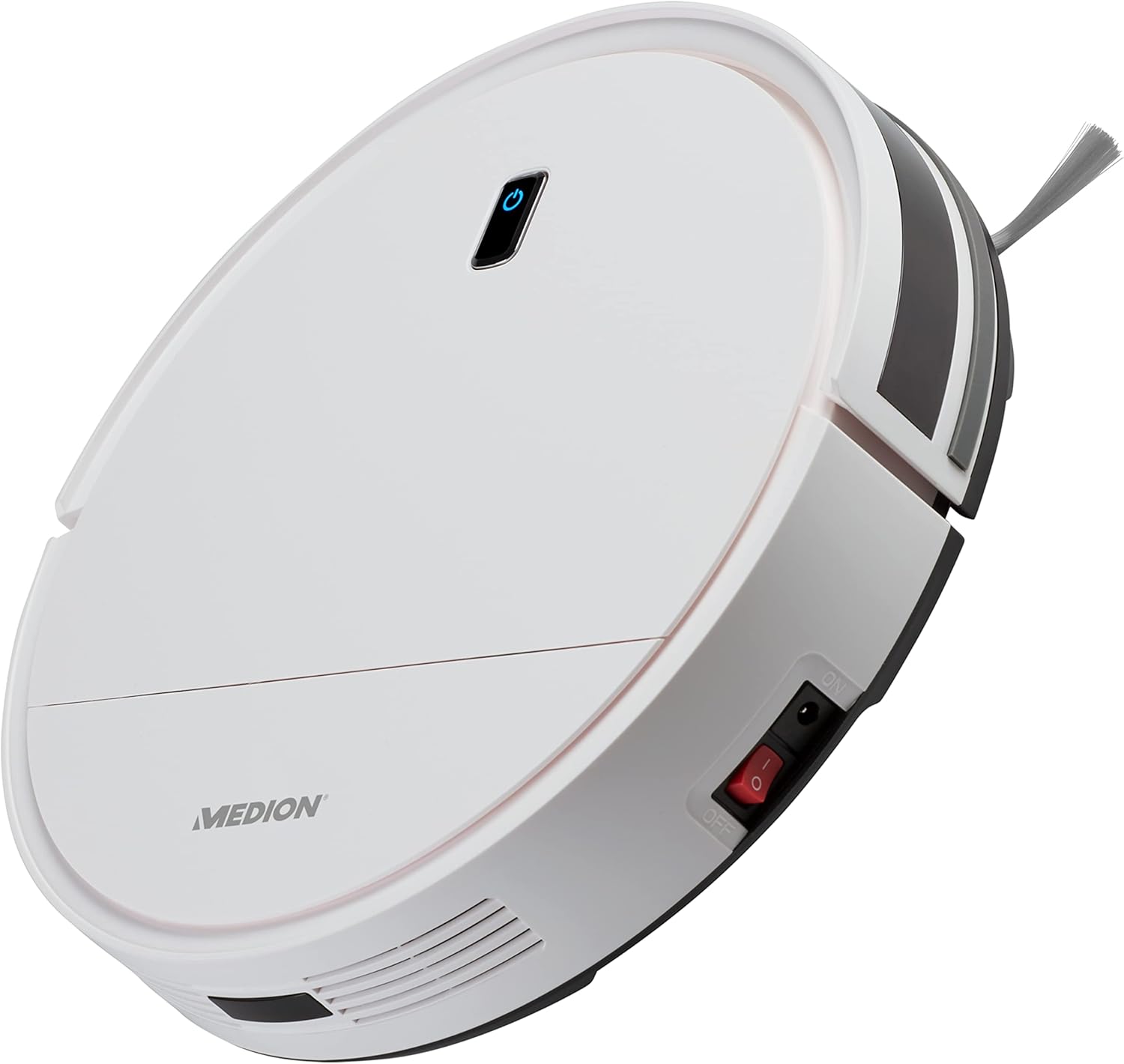 Side view of MEDION P20 SW Robot Vacuum Cleaner showing the power switch
