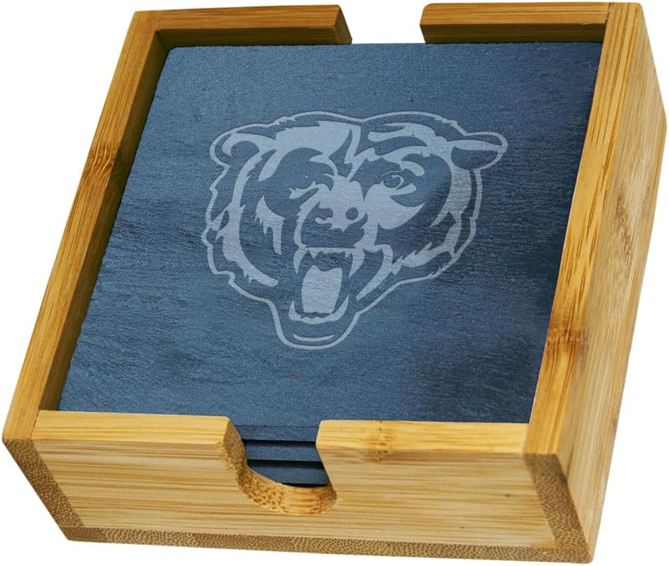 The Memory Company | Licensed NFL 4-Pack Team Logo Slate Coaster Set with Wooden Holder,Chicago Bears