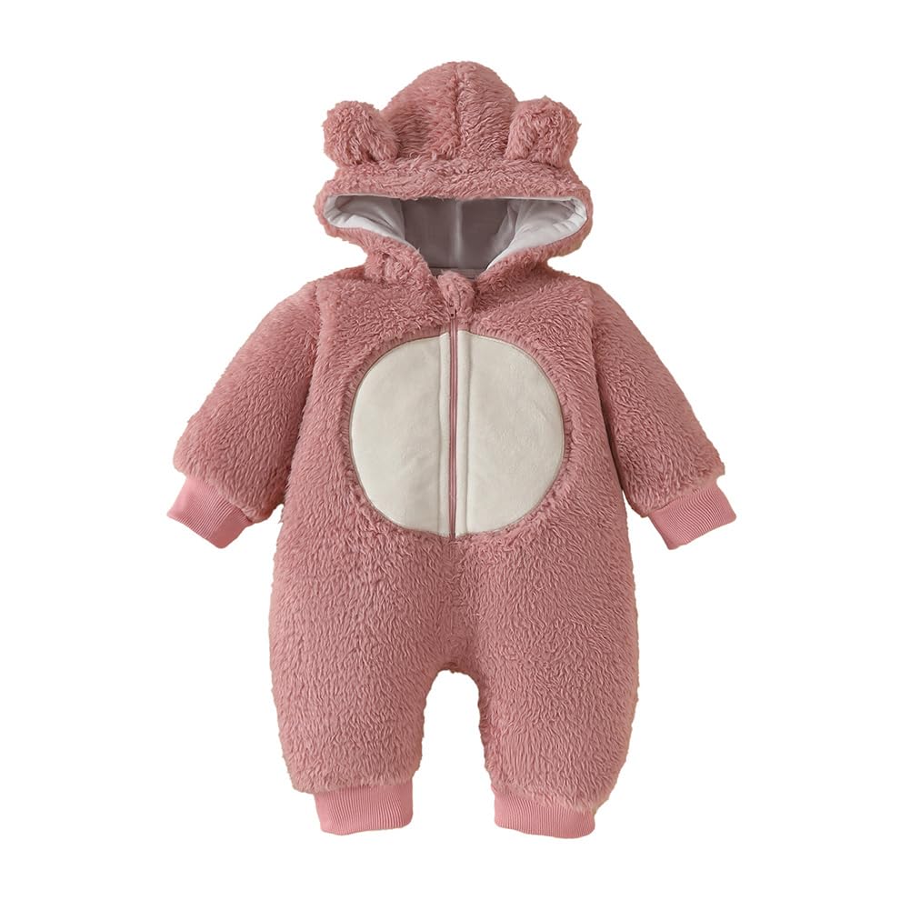 Surakey Baby Newborn Snowsuit Winter Hooded Footie Fleece Jumpsuit for Infant Girls Boys, Baby Plush Onesies Clothes, Pink 12-18M