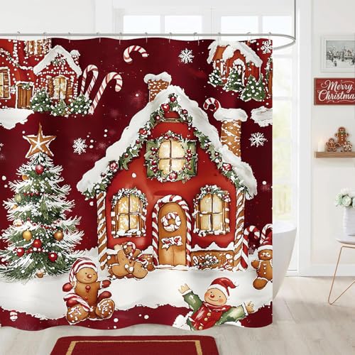 ZCHOMI Gingerbread House Christmas Shower Curtain Xmas Tree Candy Cane Snowflake Red Winter Holiday Bathroom Curtains Waterproof Polyester Fabric Bath Curtain 72 x 72 Inch with 12 Hooks