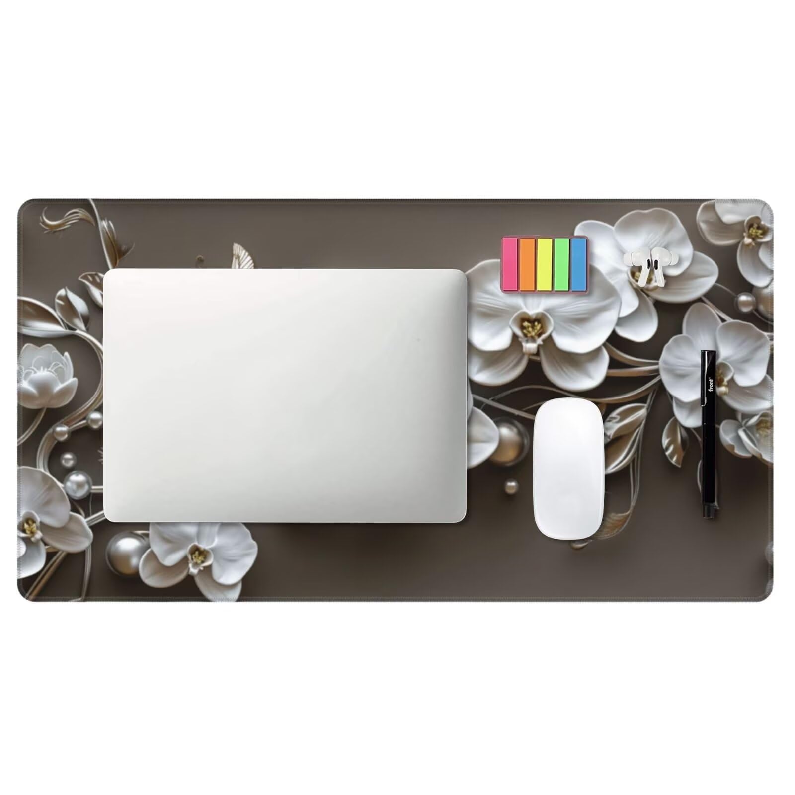 Alfombrilla de Ratón Gaming Grande XXL 1400x600x4mm con Bordes Cosidos, Tela de Micro Tejido, Base de Goma Antideslizante y Mouse Pad, para Teclado Escritorio, PC, Oficina Orquídea Blanca Marrón Y7016