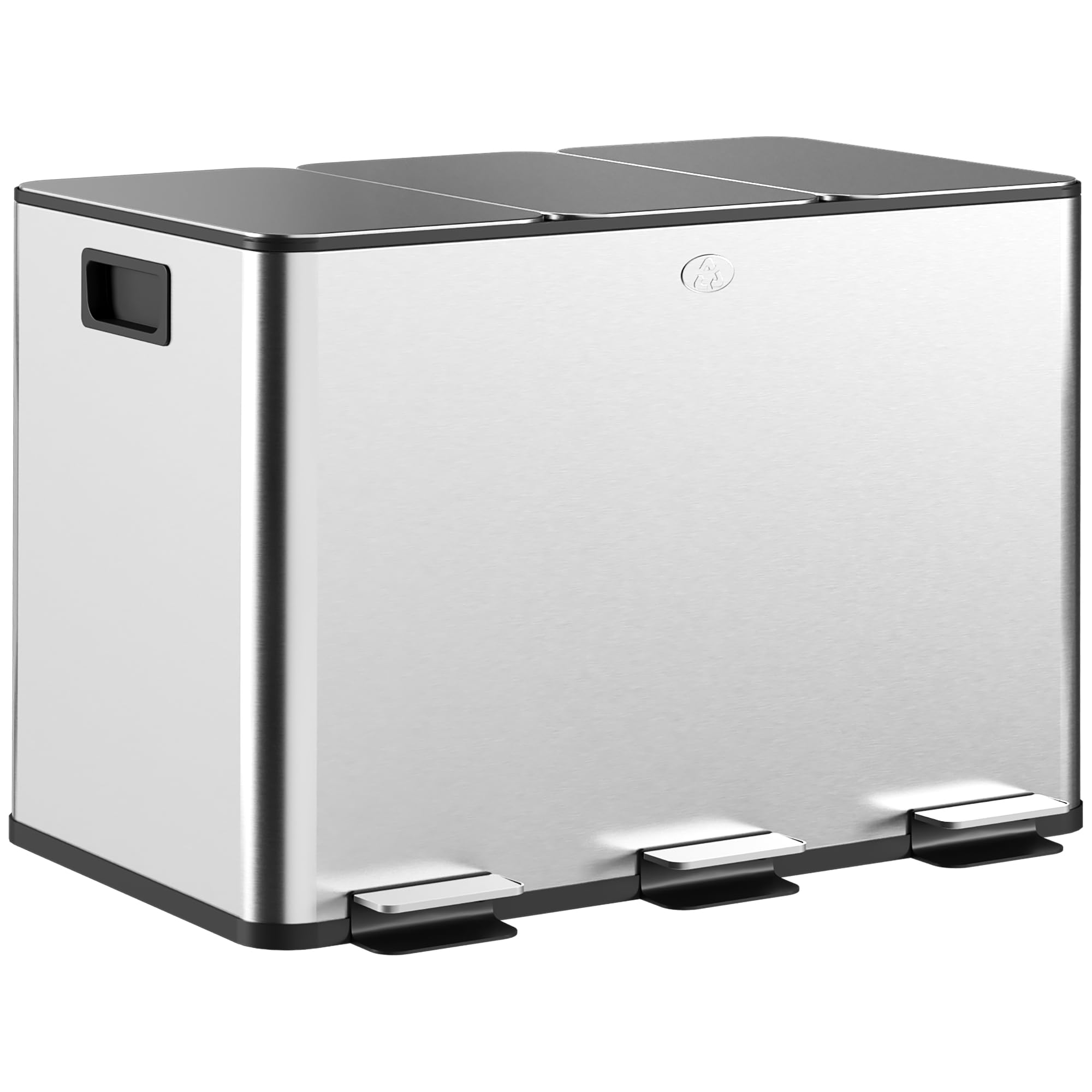 HOMCOM Differentiated 3 Compartments 10L Kitchen Pedal Bin with 3 Silently Closing Lids in Stainless Steel and PP, 49.5 x 34.5 x 38.5 cm, Silver - 1