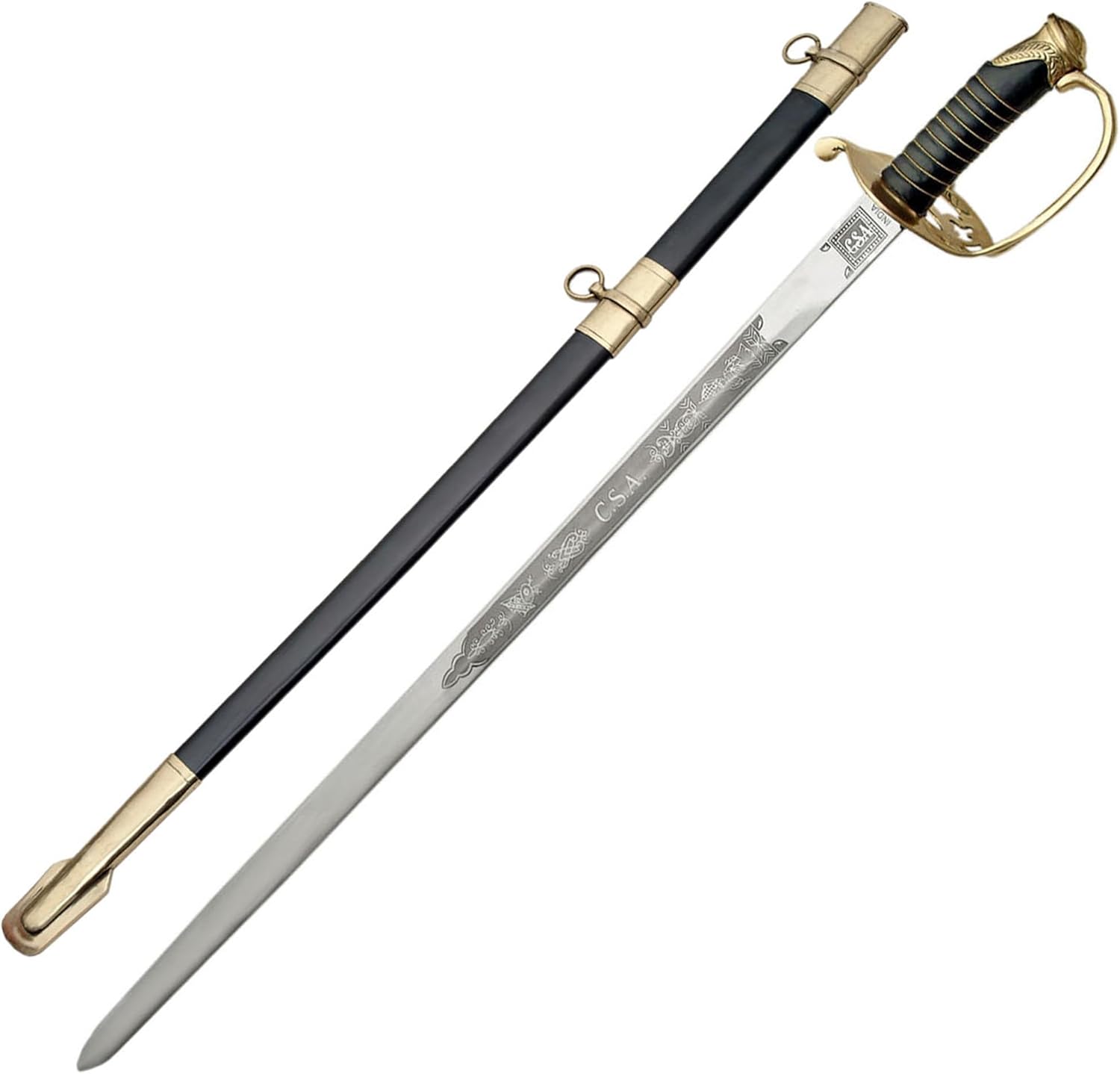 SZCO Supplies 42" Carbon Steel Shelby Officer's Sword with Brass Guard, Wire Wrapped Handle, Hardshell Brass Trimmed Scabbard - Real Sword for Adults, Ceremonial, Military