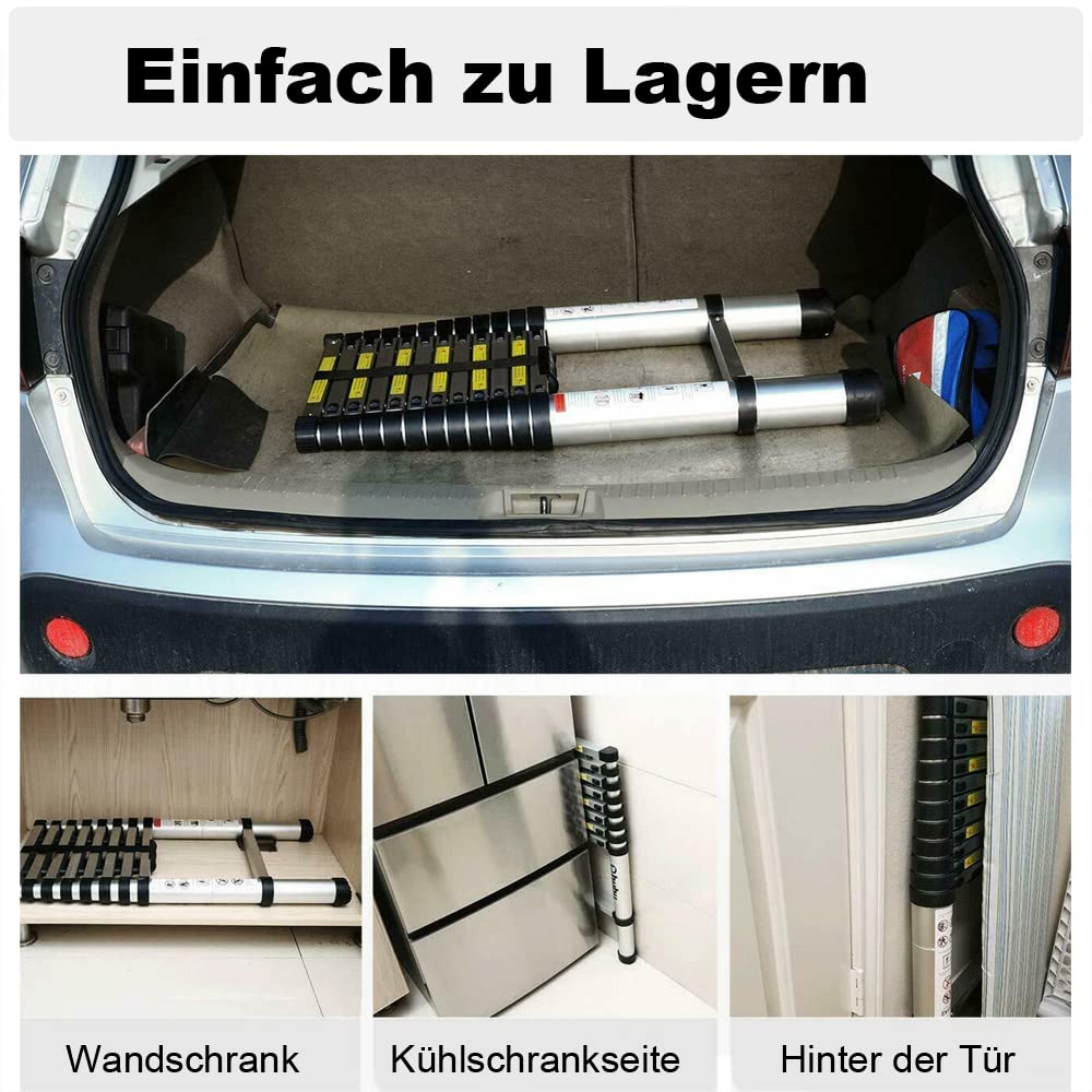 Klappleiter Ausziehbar 1,9+1,9m, Klappbar Teleskopleiter Rutschfester Aluminium Ausziehleiter Stehleiter A-Rahmen 6+6 Sprossen Tragbare Mehrzweckleiter 150 kg Tragkraft