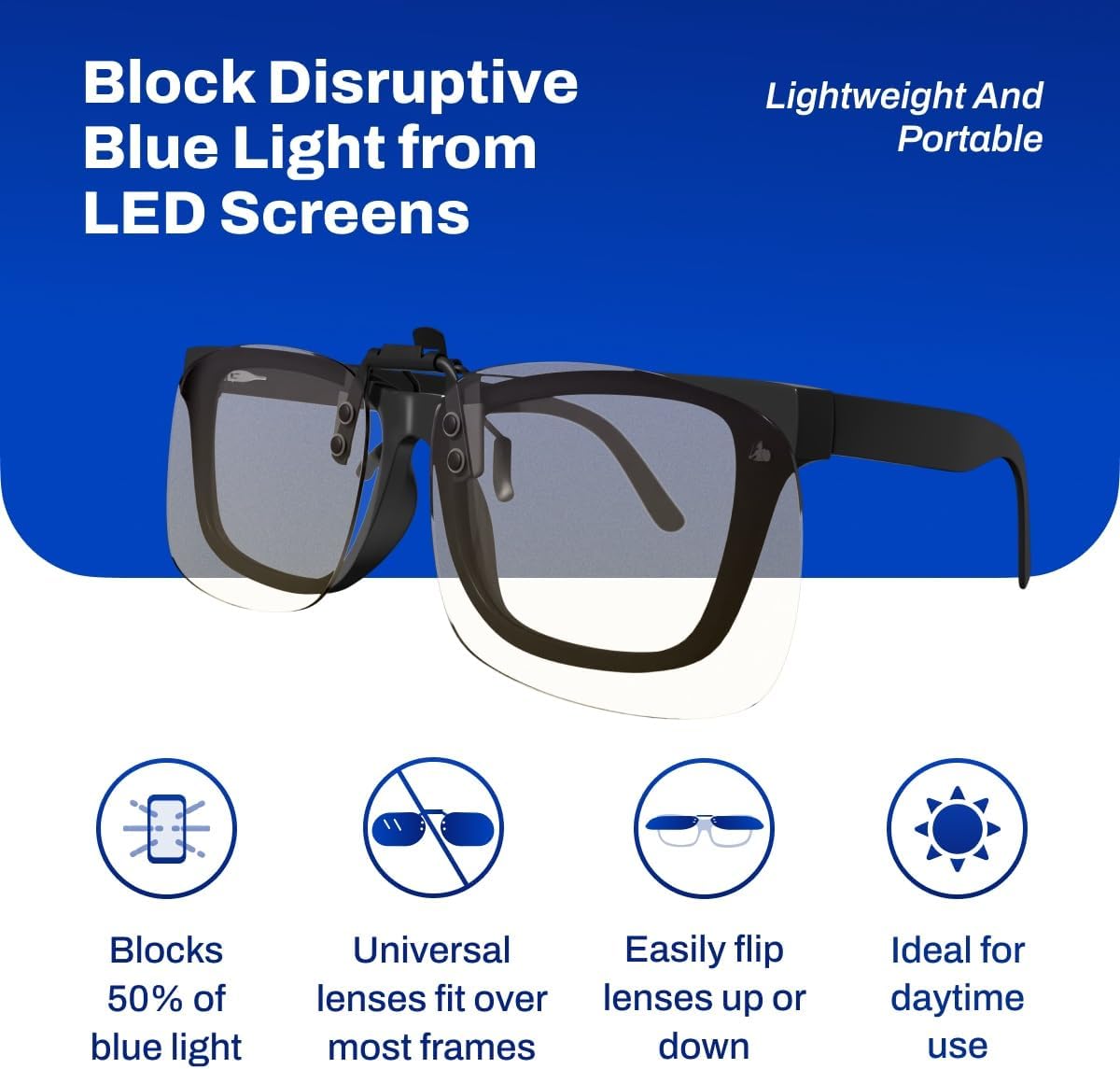 DefenderShield Blue Light Blocking Clip-On Lenses – 50% Amber Protection – Ideal for Gaming, Mobile & Computer Glasses Women and Men – Reduces Eye Strain & Headaches – Universal Clip Fits Most Glasses