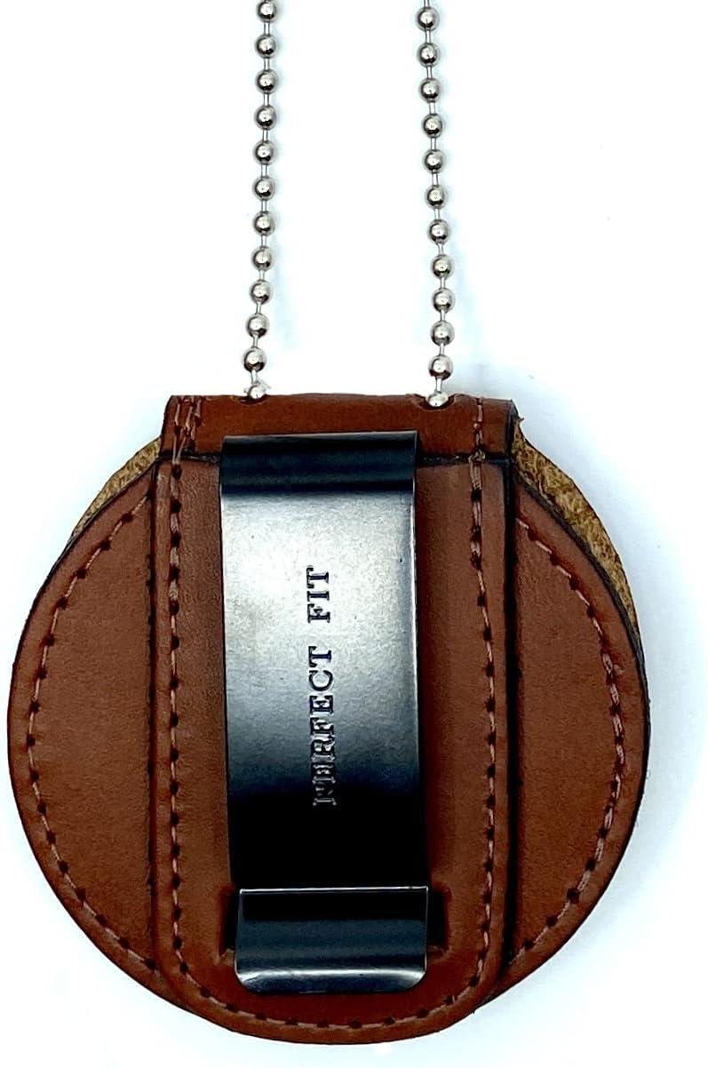 Perfect Fit Universal Round Police Badge Holder with Metal Belt Clip and Bead Chain Necklace, Hook and Loop Closure, Tan Leather