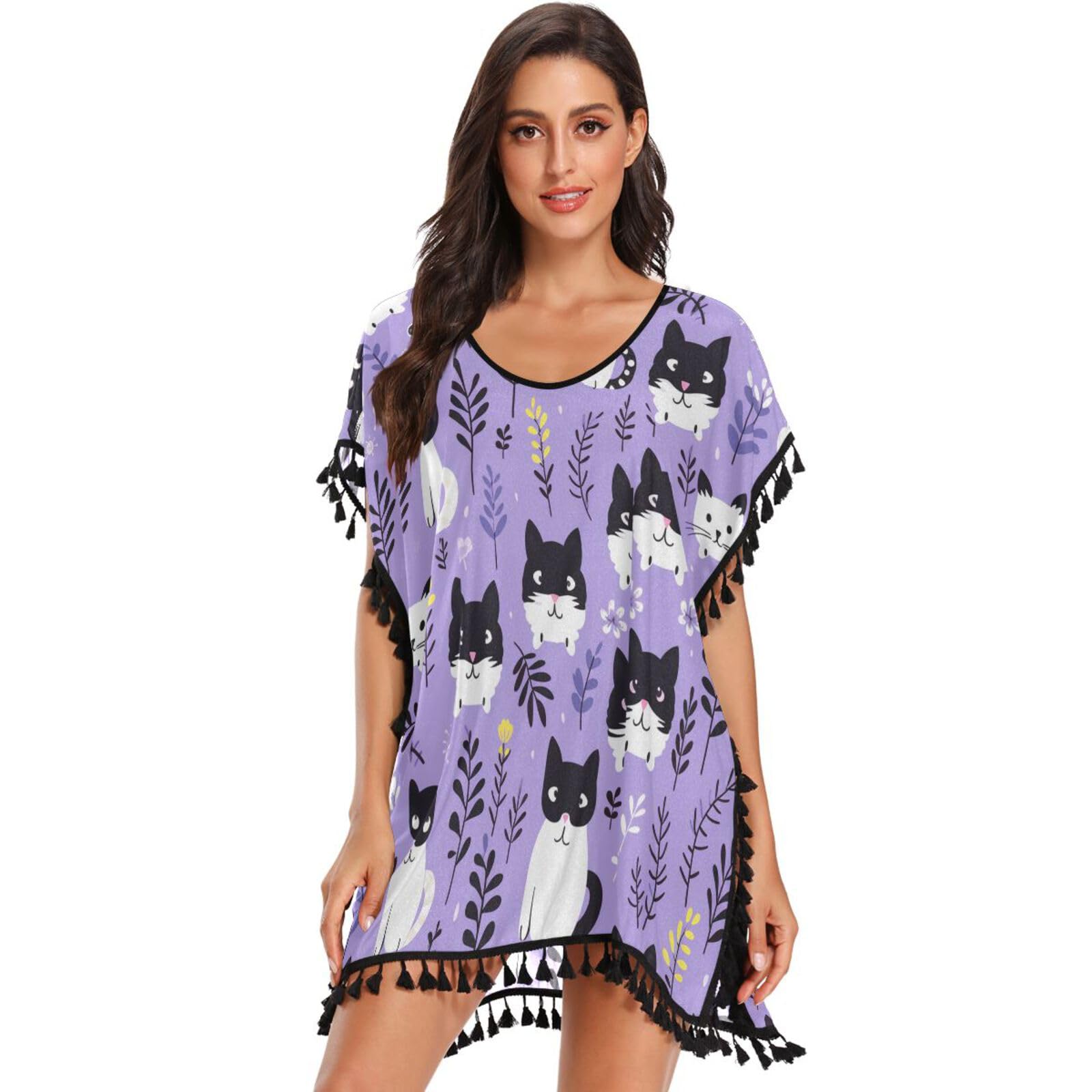 Purple Background Cats Women's Beach Cover Up Chiffon Tassel Swimwear Swimsuit Coverups for Girl