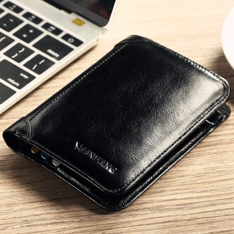 Luxury Men Wallet Genuine Cow Leather Male RFID Trifold Short Purse For Men with ID Window and Credit Card Holder (Black)2