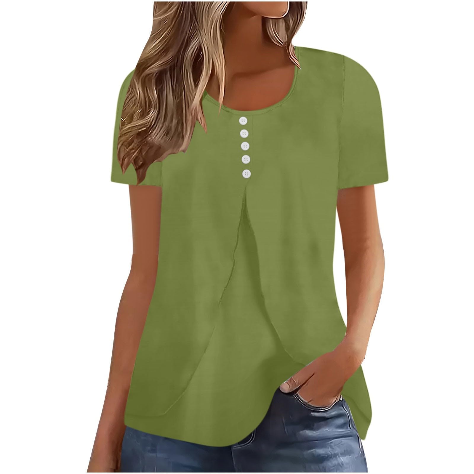 ClazshciyㅤShort Sleeve Ladies Tops Casual Round Neck Summer Womens T Shirts Solid Color Button Flowy Shirt Blouses Irregular Elegant Longline T-Shirts for Going Out