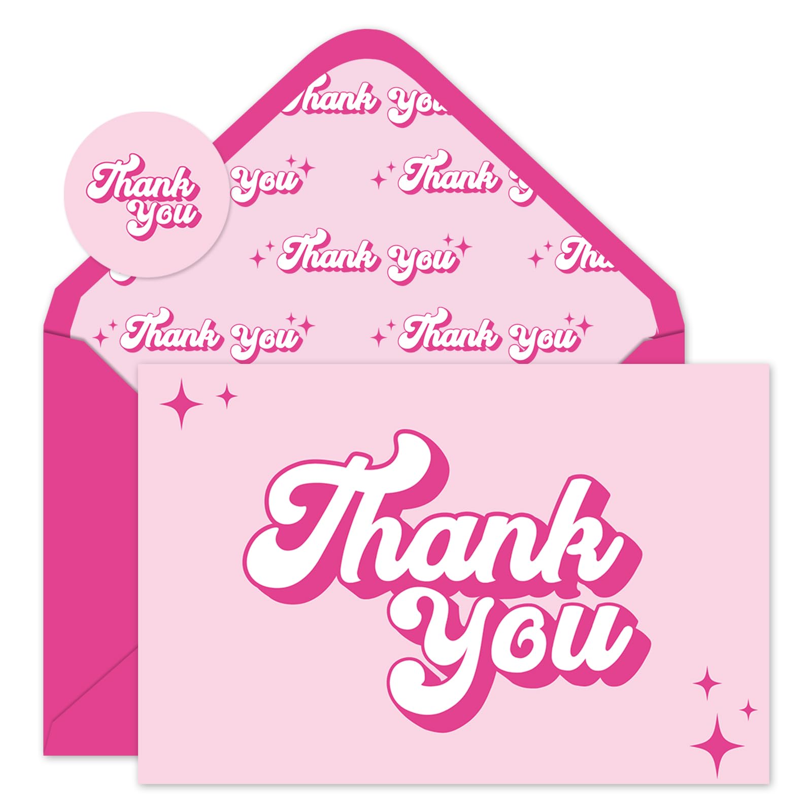 FYSUIMU 24Pcs Valentine's Day Hot Pink Thank You Cards with Envelopes Stickers Girl Princess Thank You Blank Note Cards Pink Greeting Card for
