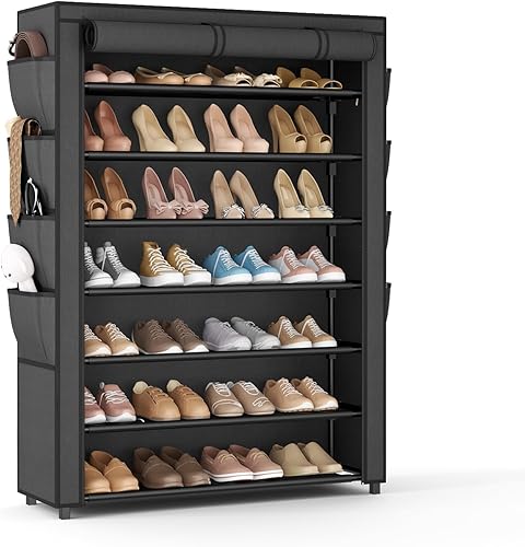 Miniatura 1 de VTRIN Zapatero con tapa, organizador de zapatos de 7 niveles para 35-40 pares de zapatos y botas, estante alto de gran capacidad con 8 bolsillos,
