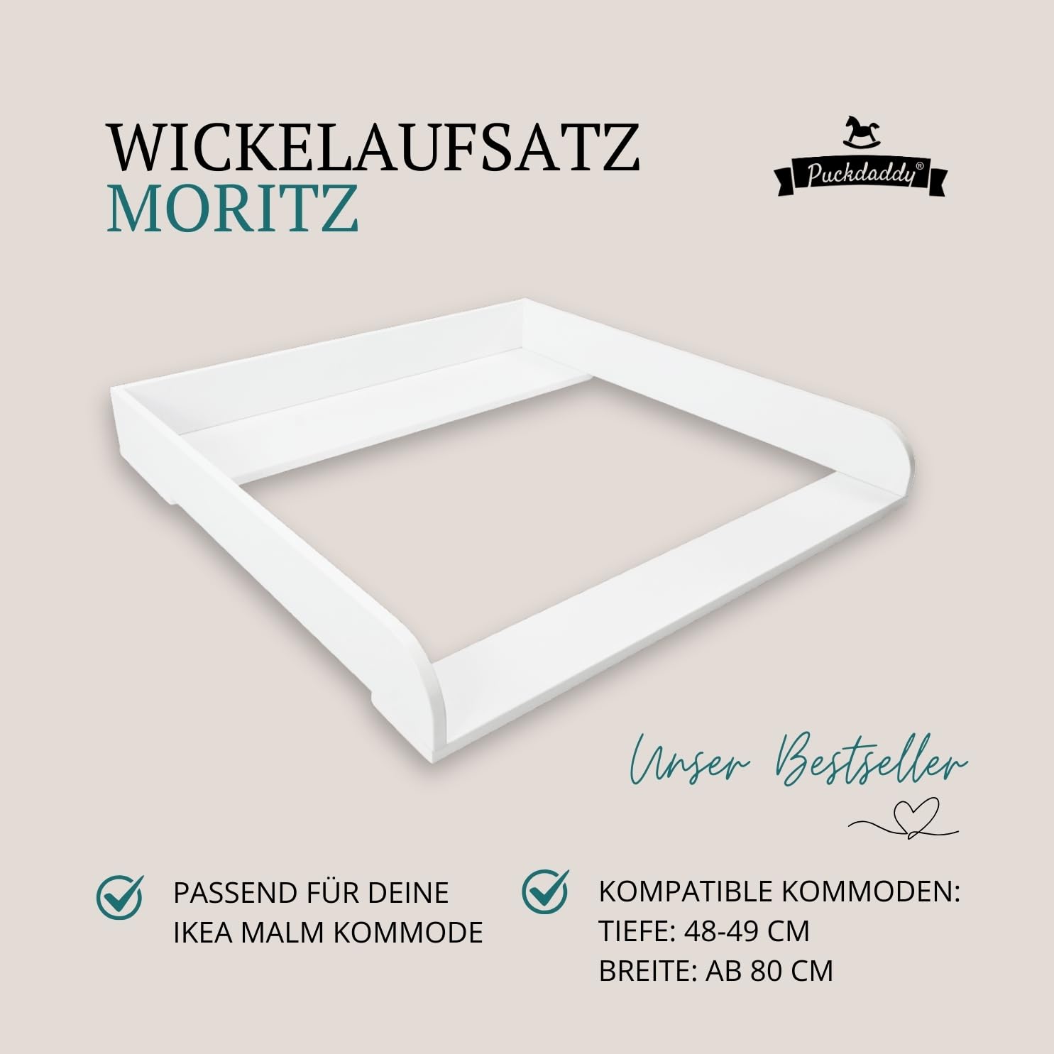Puckdaddy® Moritz | Wickelaufsatz für IKEA Malm Kommode u.Ä. | weiß | 80x78x10 cm | Wickelauflage aus MDF-Holz | hochwertiger Premium Aufsatz als Wickelkommode | inkl. Montagematerial zur Wandmontage