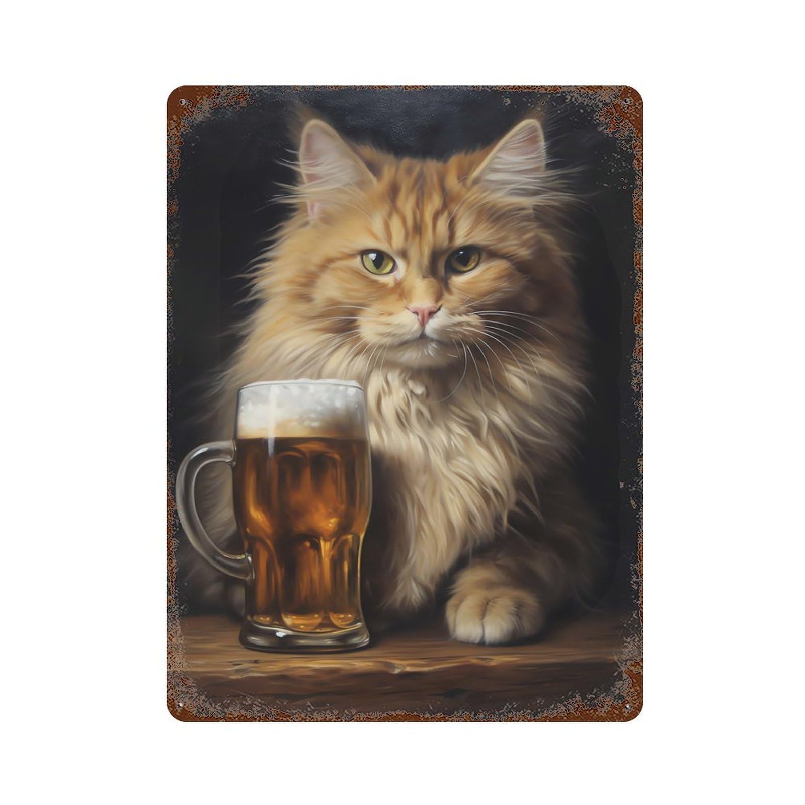 Garage Style Cat with His Beer in Pub Rusty Metal Tin Sign 15.7"x11.8", Farmhouse Wall Decor for Bar And Workshop