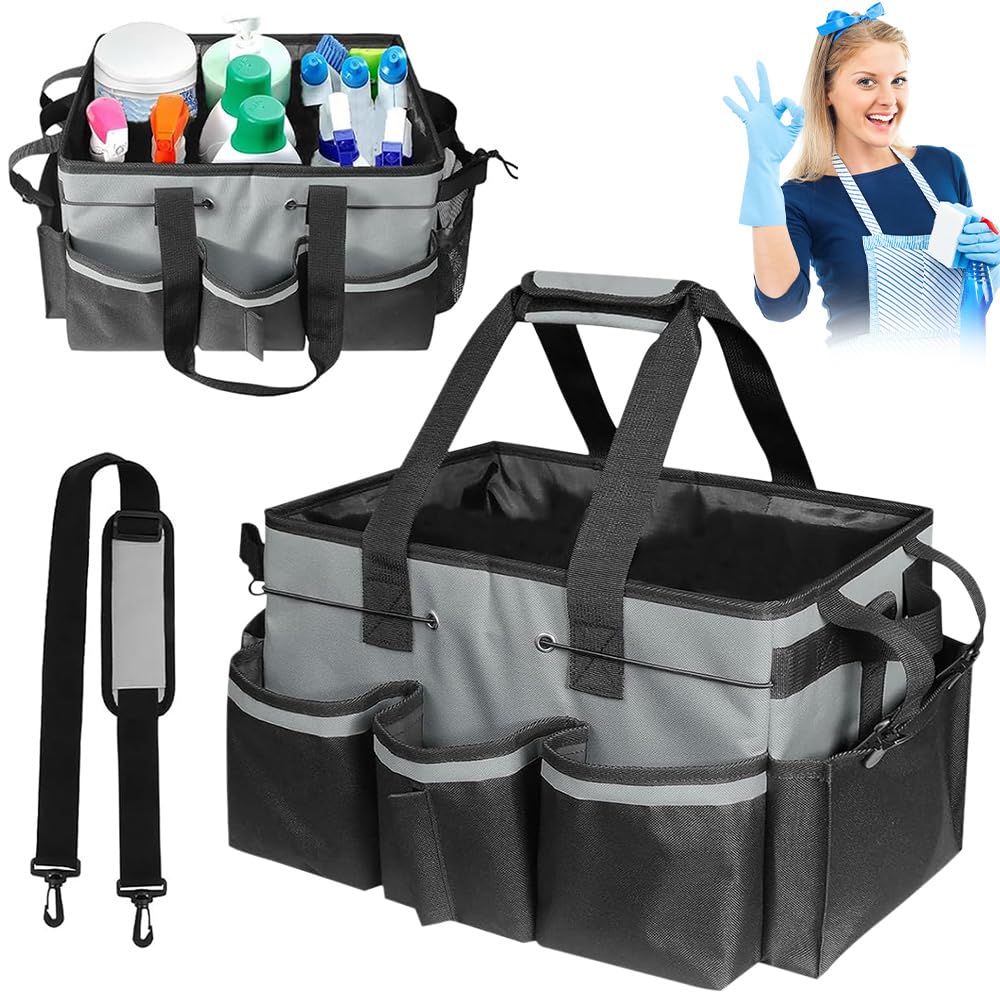 SKJJM Cleaning Caddy Bag with Handle, Foldable Large Cleaning Bag with Detachable Divide & Adjustable Shoulder Strap, Professional Cleaning Caddy Products Organiser for Home, Car, Garden, Craft (Grey)