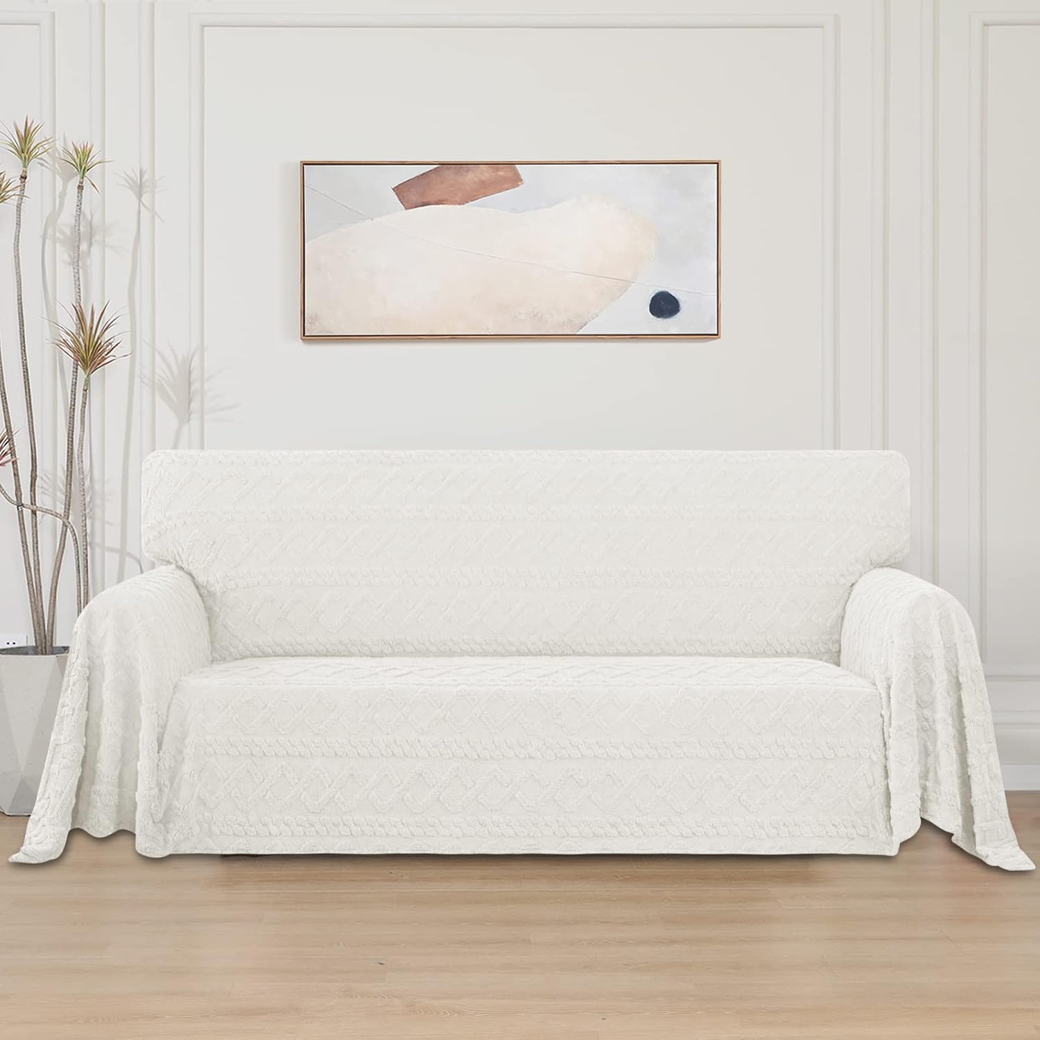 Easy-Going 80X133 inches Sofa Cover, Jacquard Velvet Oversized Couch Slipcover for 3 Cushion Couch, L Shape Sectional Covers for Dogs, Washable Sofa Blanket, Furniture Protector for Pets, Ivory