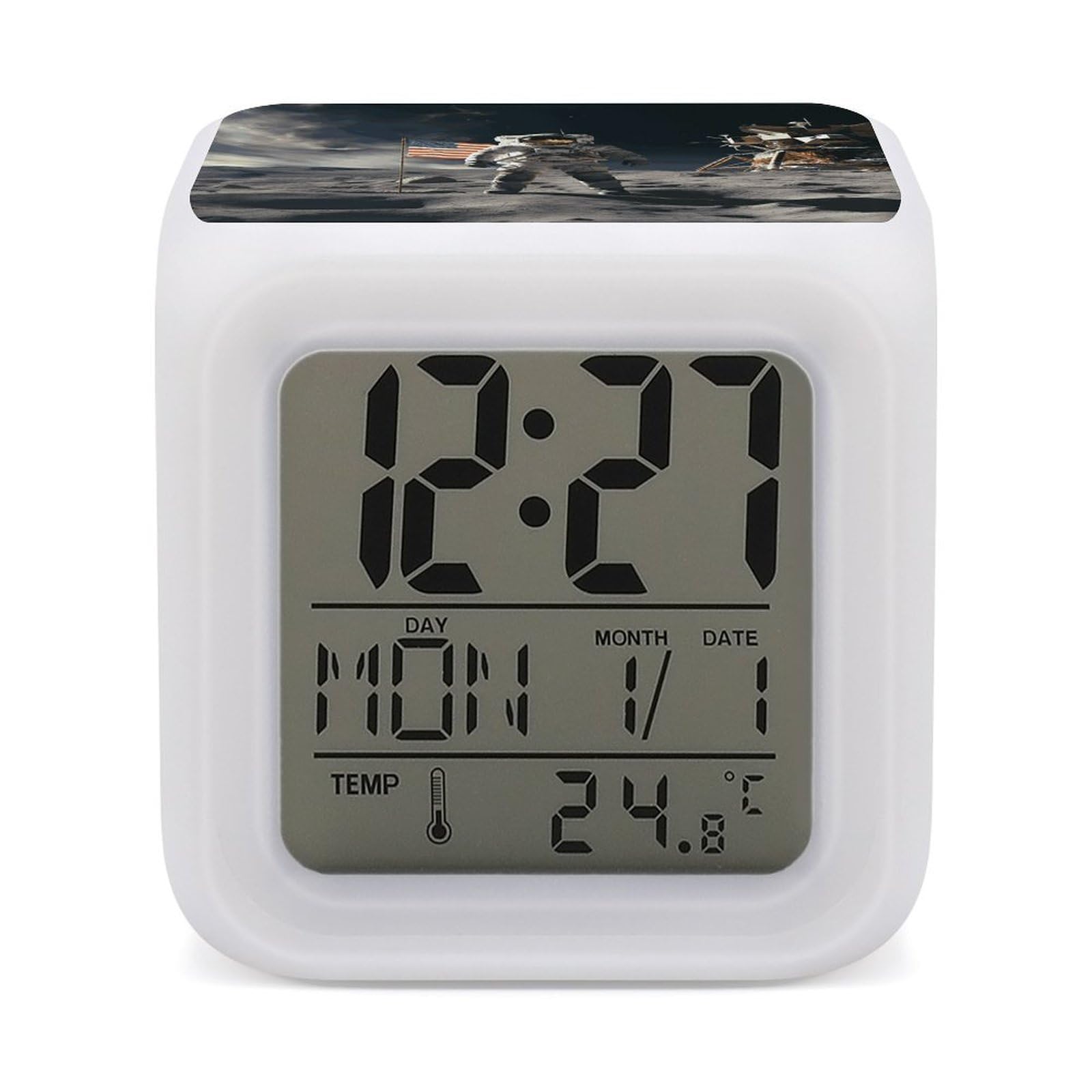 7 Color Ambient Night Light Cube Battery Operated Astronaut Landing Digital Clock with Snooze Temperature LED Digital Alarm Clocks Dimmable Wake Up Light Portable Mood Lamp for Bedroom Desk Gift