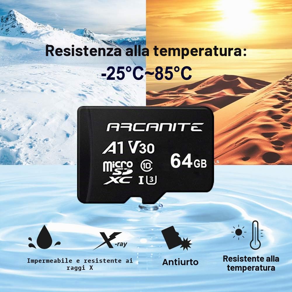 ARCANITE, set da 2 schede di memoria microSDXC 64 GB, UHS-I U3, A1, V30, 4K, C10, MicroSD, Velocità di lettura fino a 90 MB/s