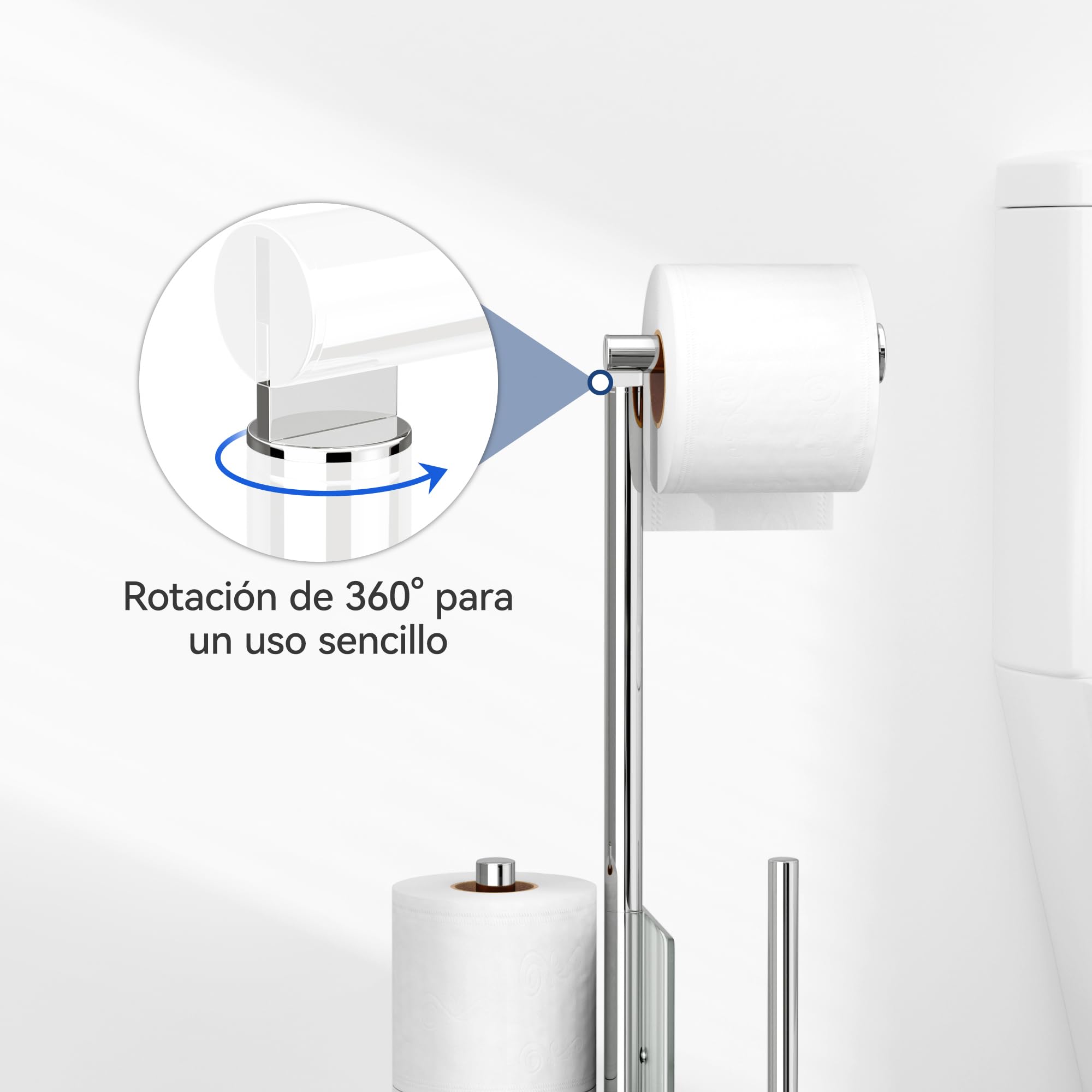 Portarrollos de pie con escobilla para inodoro - Portaescobilla y soporte para rollos de papel higiénico de pie con estante de vidrio, sin necesidad de taladrar, juego de accesorios para inodoro de