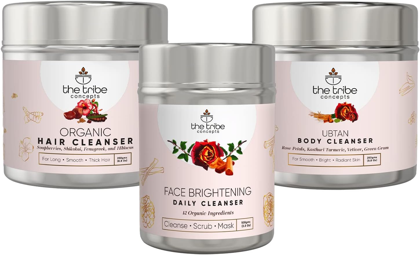 The Tribe Concepts Top-To-Toe Cleansers Kit, 3 Ayurvedic Products (Daily Cleanser, 100g + Hair and Body Cleansers, 250g Each) Tin Packing