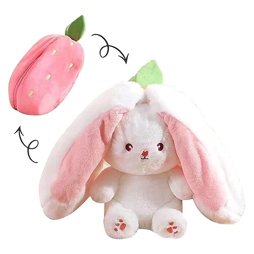 Mukorolee 2PCS Reversible Carrot Strawberry Bunny Plush with Zipper, Easter Bunny Stuffed Animal Toy, Cute Rabbit Plushie Birthday Gift for Boys Girls Kids (1pcs 13.8" Strawberry) - 1pcs 13.8" Strawberry