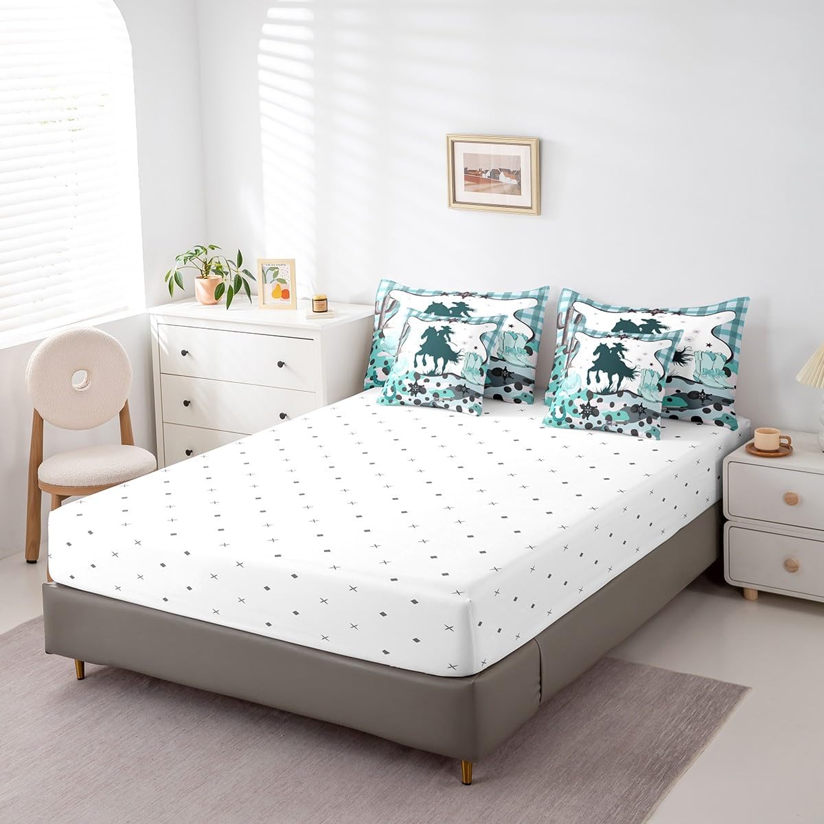 Western Girls 7 Piece Comforter Set Full Bed in a Bag Cowboy Hat Bedding Sets,Cowboy Boots Sheet Set with Comforter Teal Camo Lattice Bed Set,Farm Animals Bull Western Room Decor for Bedroom