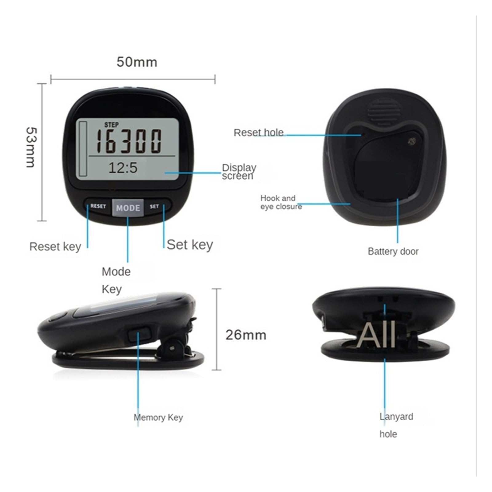Podomètre 3D for Marcher avec Clip Et Sangle, Mémoire De 7 Jours. Compteur De Pas Précis for Hommes, Femmes Et Enfants