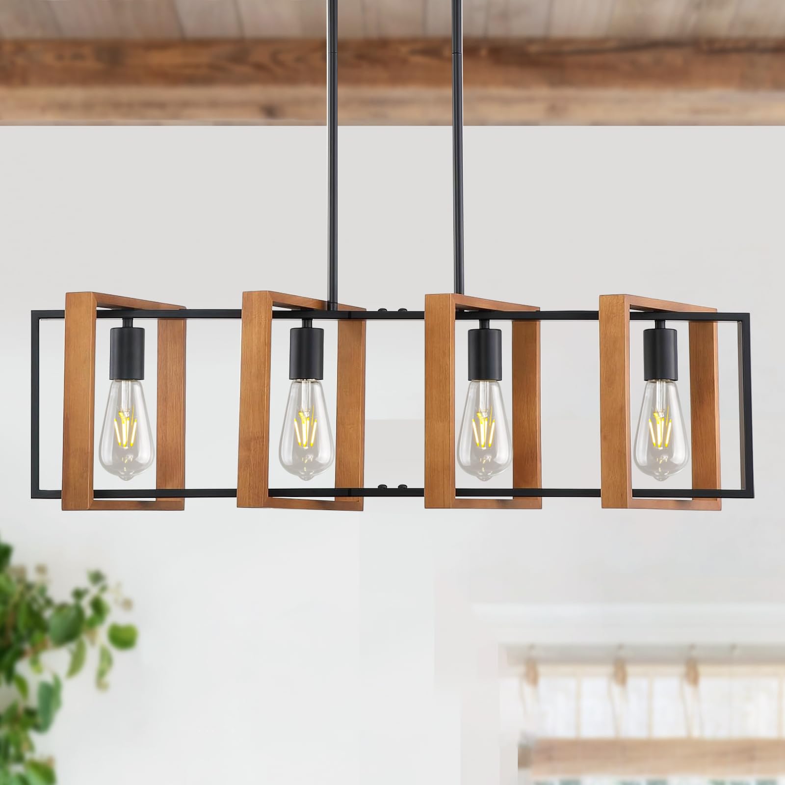 Mikeru Farmhouse Pendant Light, 4 Light Black Metal Industrial Pendant, 80cm Vintage Wooden Pendant, Height Adjustable Indoor Lighting Fixtures for Kitchen Island, Dining Room, Cafe — image 1