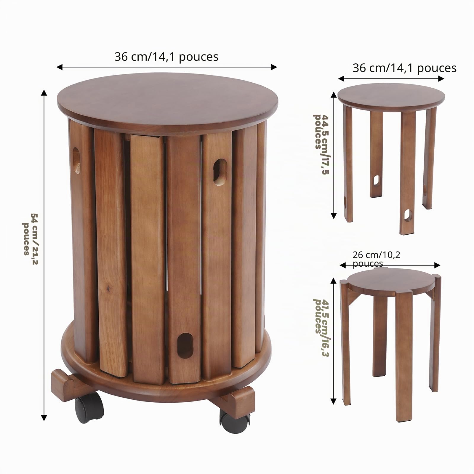 Lot de 4 tabourets empilables en bois avec roues, tabourets ronds en bois pour salle à manger, table de chevet, empilables et antidérapants, pour cuisine, chambre à coucher, salon (couleur noyer)