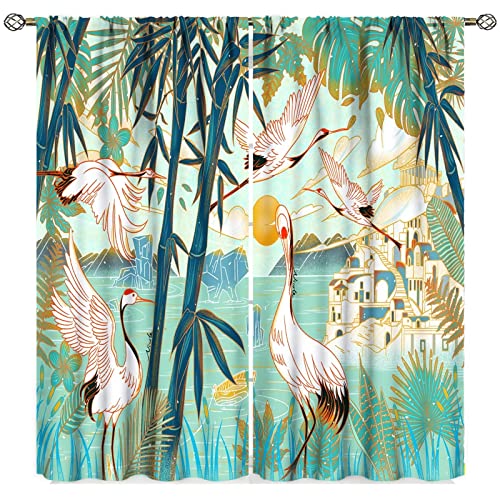 Asian Kitchen Curtains, Japanese Crane Flying And Bamboo Design, Window Drapes 2 Panel Set For Kitchen Cafe Decor 42X45Inch #TOP6