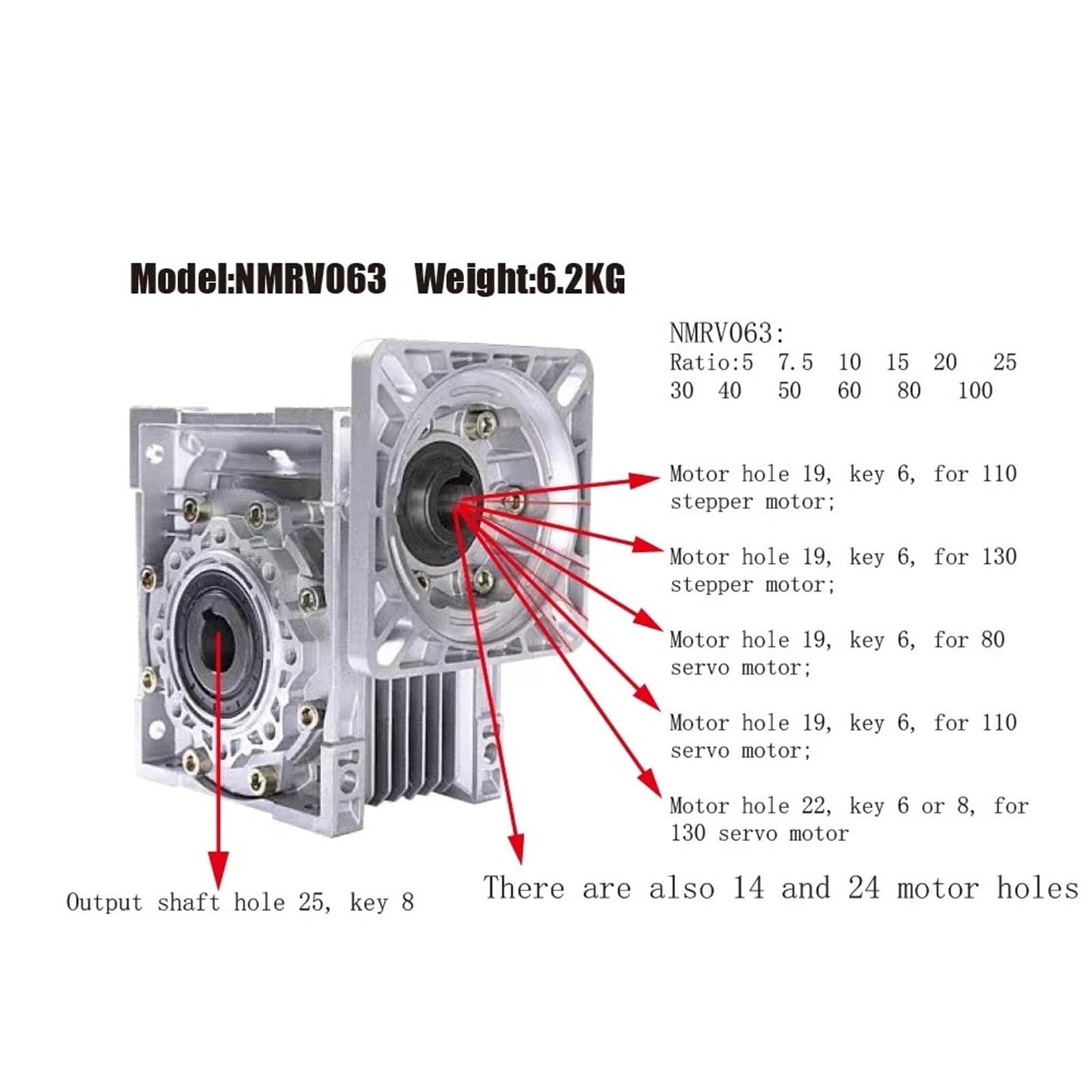 Reduktor ślimakowy NMRV063 wysoki moment obrotowy, wejście 14/19/24 mm, wyjście 25, przełożenie 7,5 do 100 dla silnika serwo/silnika krokowego a(Flange 80mm X 80mm, RATIO 80-19MM INPUT HOLE)