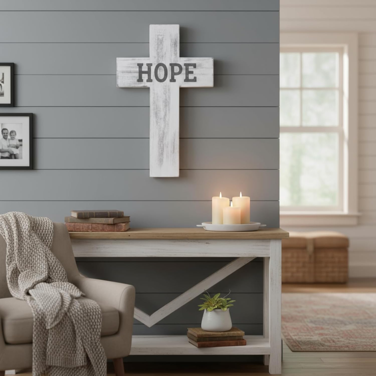 Geelin 4 Pcs Large Wall Wooden Cross Decor 16x11 Inch Hanging Cross Handmade Antique Religious Wooden Craft Home Decoration Retro Wall Decor for First Communion Living Room Church Home Room(White)