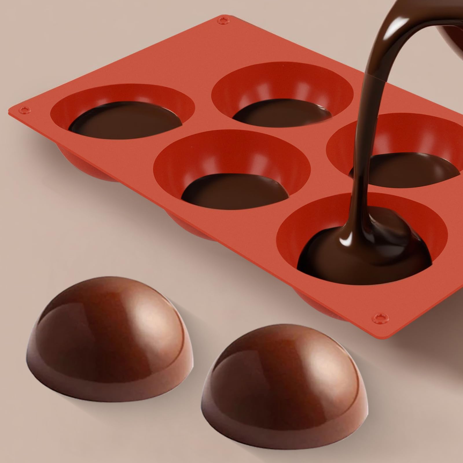 6 Stampi in Silicone Grandi a 5 Fori, Stampo per Torta Rotondo in Silicone Per Bombe al Cioccolato, Torte, Mousse a Cupola, Budini, Marrone (29 x 17 x 3,7 cm)