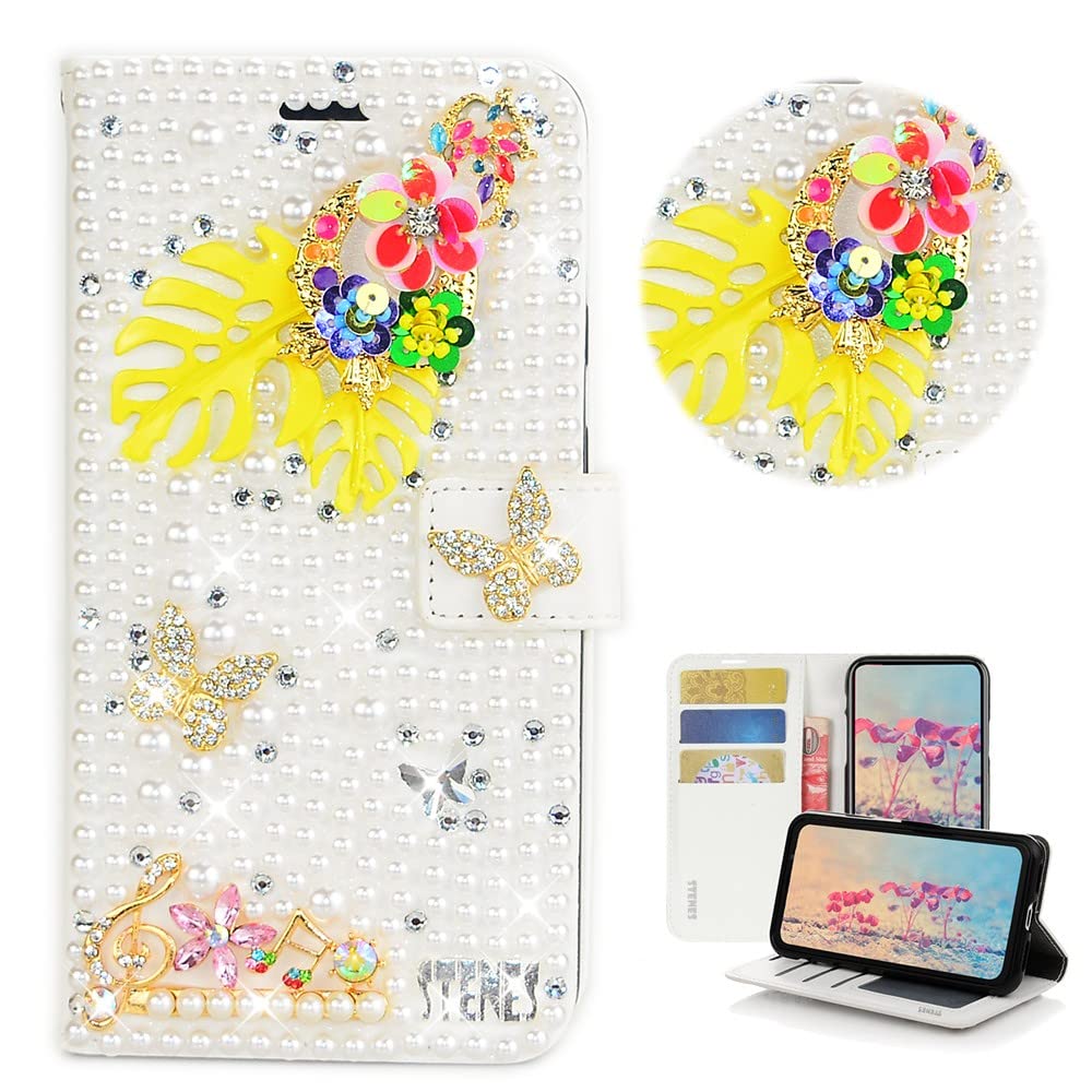 STENES Bling Wallet Phone Case Compatible with LG K22 6.2 inch 2020 Case - Stylish - 3D Handmade Flower Leaf Butterfly Music Glitter Magnetic Wallet Stand Leather Cover Case - White