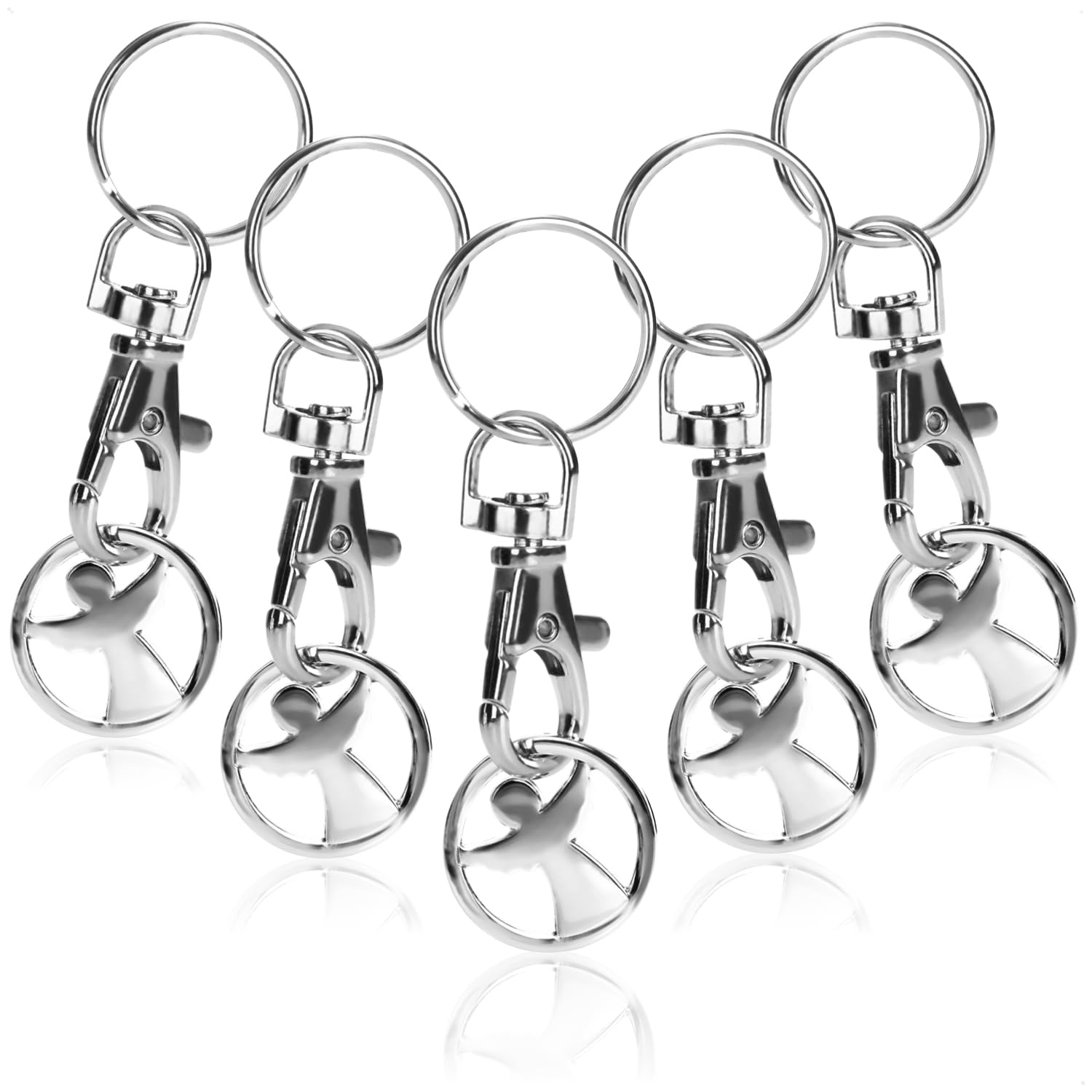 com-four® 5X Schlüsselanhänger aus Metall mit Karabinerhaken und Einkaufswagenchip, Abnehmbarer Einkaufschip als Glücksbringer für den Schlüsselbund (05 Stück - Engel)