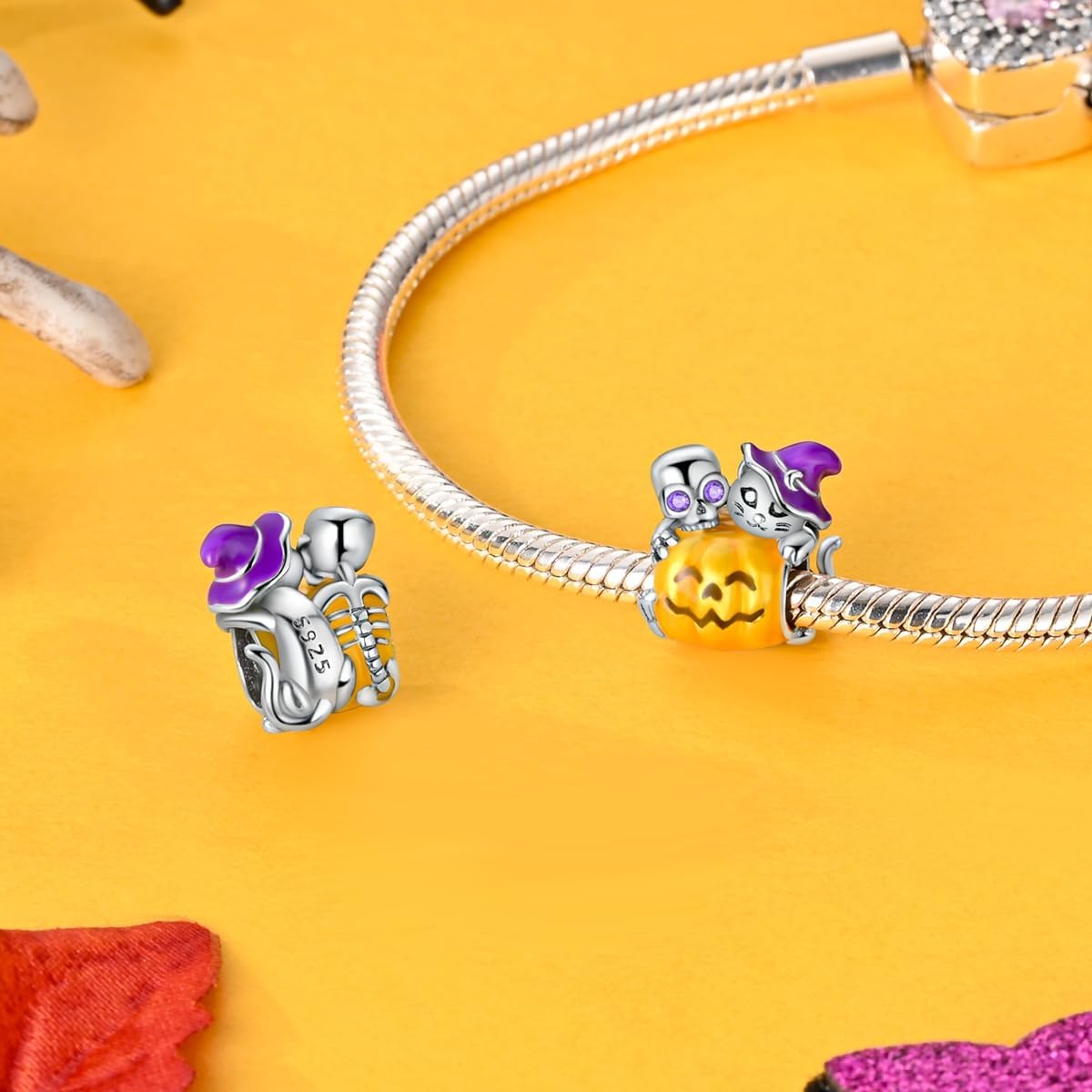 Hapour 925 Sterling Silver Halloween Charms for Bracelets Necklaces, Skull Skeleton Pumpkin Witch Bat Charm Pendant Beads Jewelry Gift for Women Family Friends - Image 3