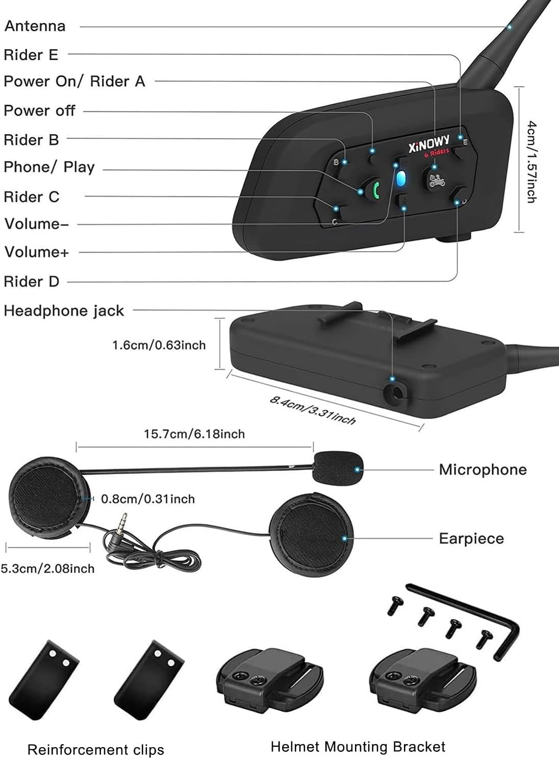 Casco da Moto Intercom V6 Bluetooth Comunicazione Vivavoce per 6 Riders Portata 1200m Qualità audio HD Resistente all'acqua per Moto/Bicicletta/MTB (Pack 2)
