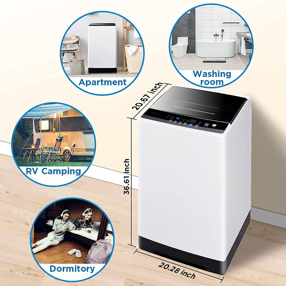 Helohome Portable Washing Machine, Full-Automatic Compact Washer with Wheels, 1.6 cu. ft, 11 lbs capacity with 6 Wash Programs Washer, Spin dry with Drain Pump, For Apartment, Dorm, RV, Camping.