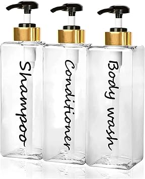 Shampoo Dispenser - Refillable Shampoo and Conditioner Bottles Clear, Set of 3, 21oz - Modern Shampoo Bottles for Shower Soap - Empty Shampoo Conditioner Body Wash Dispenser Black Gold Black