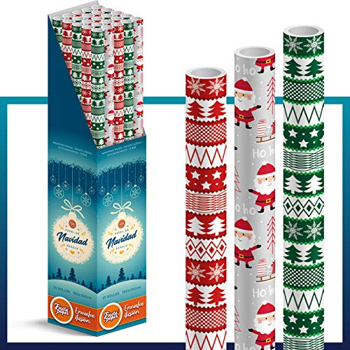 Caja-Expositor 25 Rollos Papel de Regalo NAVIDAD extra-GRANDES (3 motivos navideños) 100...