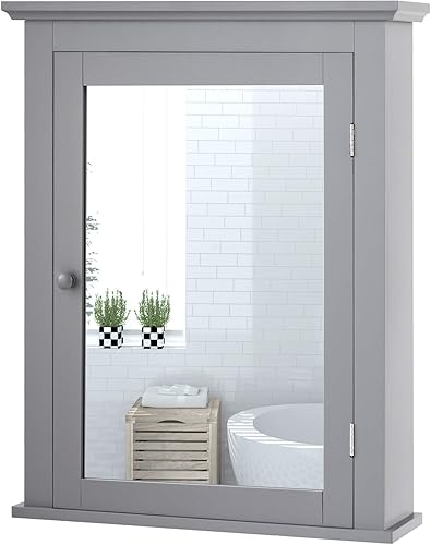 Tangkula Armario de baño con espejo, gabinete de almacenamiento de pared con espejo con puerta única y estante ajustable en 5 posiciones, gabinete