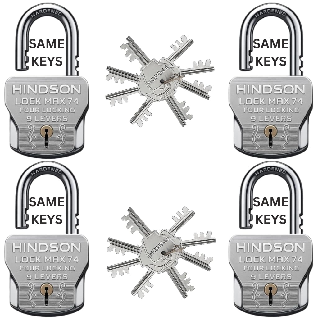 HINDSON 16 Same Keys MAX 74mm 4 Locking System | 9 Lever Mechanism | Chrome Finish Heavy Duty Big Size 610g Approx | 4 Locks with 16 Same Keys for Gate, Shutter & Home Use