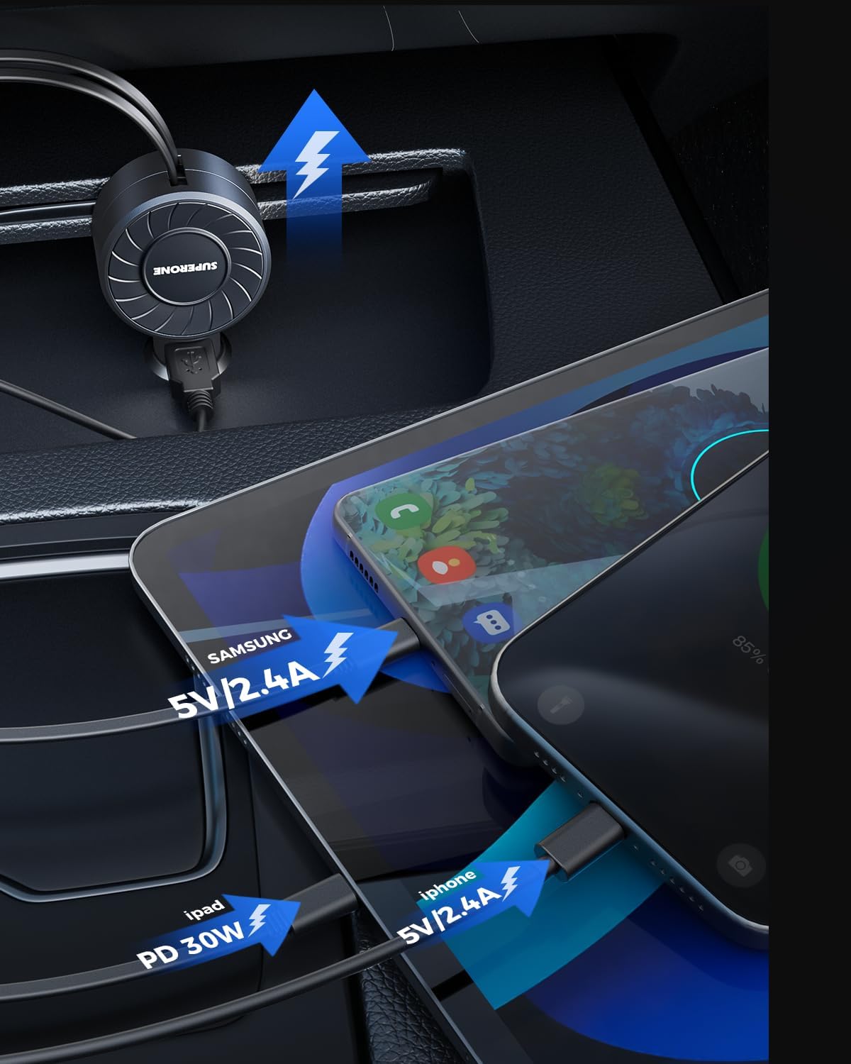 SUPERONE Cargador retráctil para coche con cables retráctiles