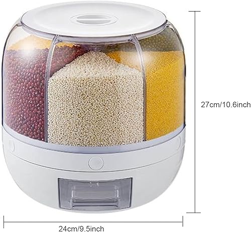 Miniatura 2 de Tanque de almacenamiento de grano giratorio de 6 rejillas con tapa, contenedor de plástico de harina de cereales de arroz de 22.0 lbs, dispensador