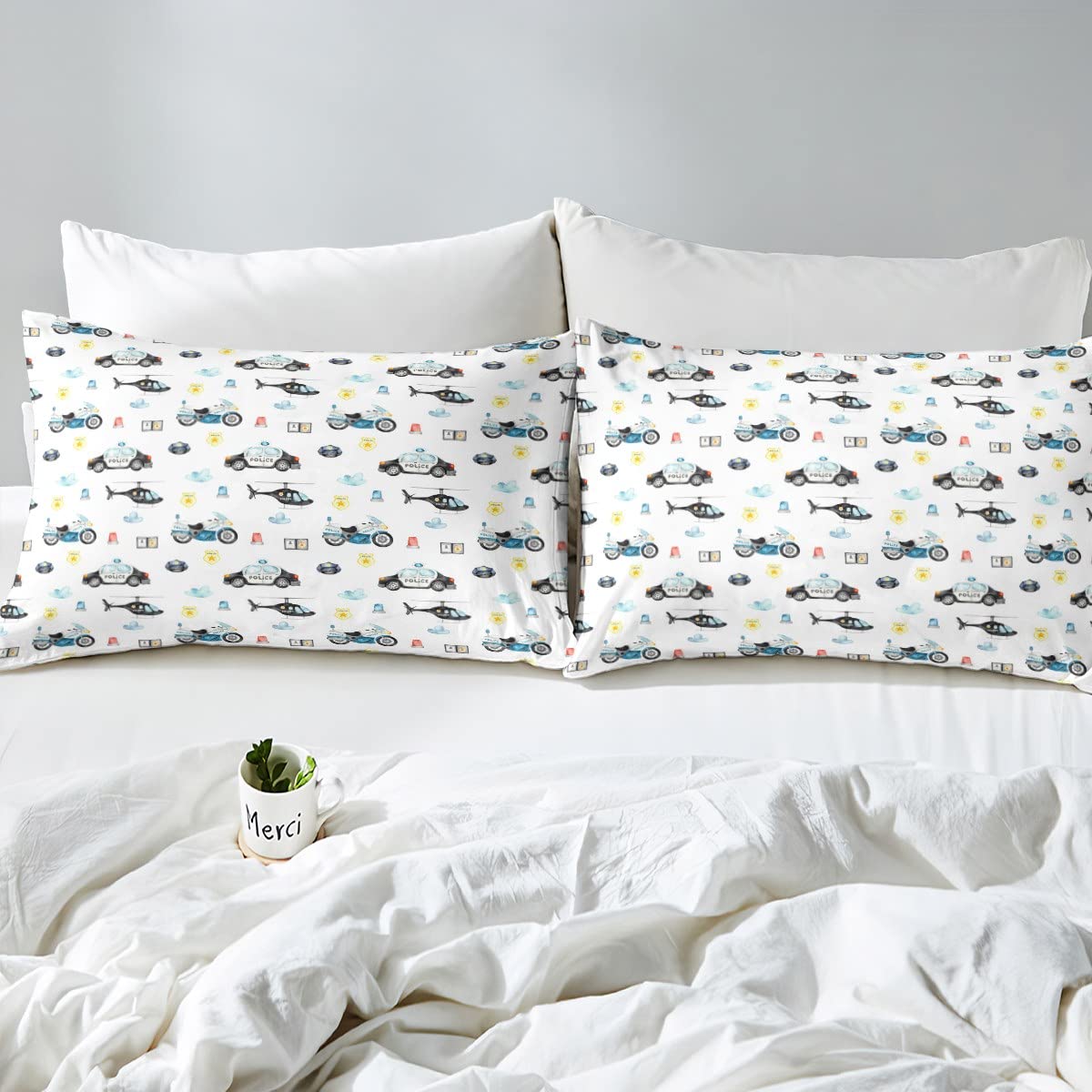 Sunnybed Politie auto dekbedovertrek cartoon politie beddengoed set voor tieners jongens, politieagent voertuig auto rood blauw politie lichten vrachtwagen noodgevallen stroboscoop licht slaapkamer decoratie 135x200