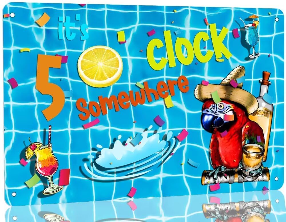 SMAZDFXX It's 5 O'clock Somewhere Pool Metal Tin Sign Swimming Pool Decorations Outdoor Poolside Metal Sign Plaque for Beach Home Bar Pool Party Deck Backyard Decor 8"x12"