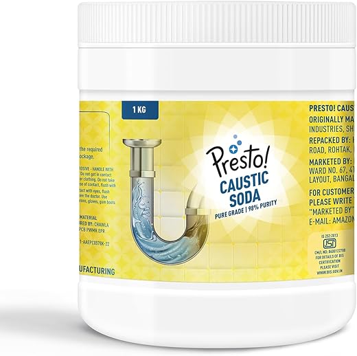 Amazon Brand - Presto! Caustic Soda Powder | 1 Kg | 98% Pure | Powerful Pipe & Drain Cleaner | Tough Stain Remover | Industrial Use