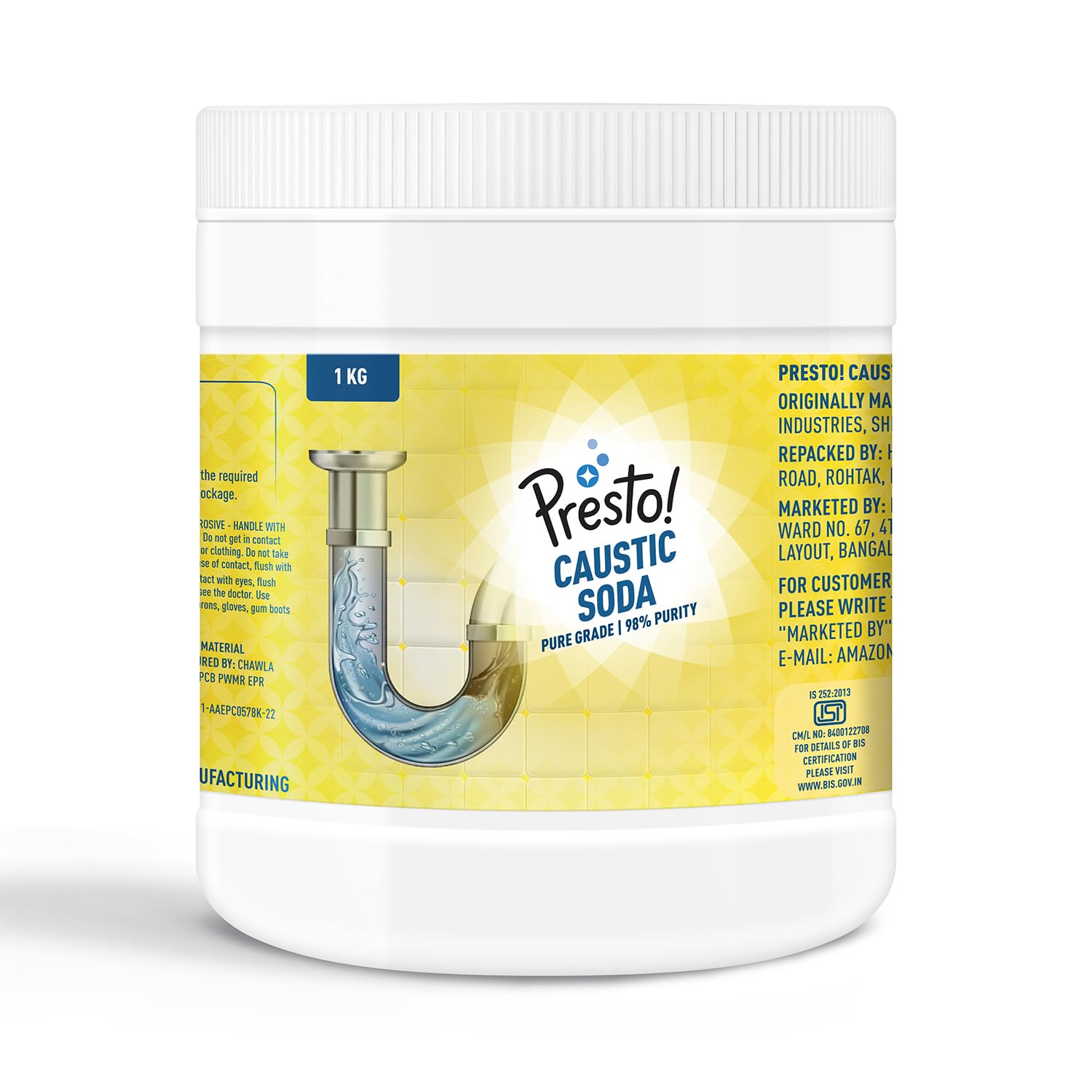 Amazon Brand – Presto! Caustic Soda Powder | 1 Kg | 98% Pure | Powerful Pipe & Drain Cleaner | Tough Stain Remover | Industrial Use Amazon Brand – Presto! Caustic Soda Powder | 1 Kg | 98% Pure | Powerful Pipe & Drain Cleaner | Tough Stain Remover | Industrial Use