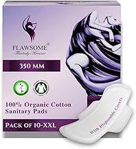 Flawsome Ultra Soft Cotton Sanitary Pads for Women | 10 Pads – XXL (350mm, Heavy Flow Night Pads) | Rash-Free, Leak-Proof & Breathable | 100% Toxin-Free | Extra Absorbent with Disposal Pouch