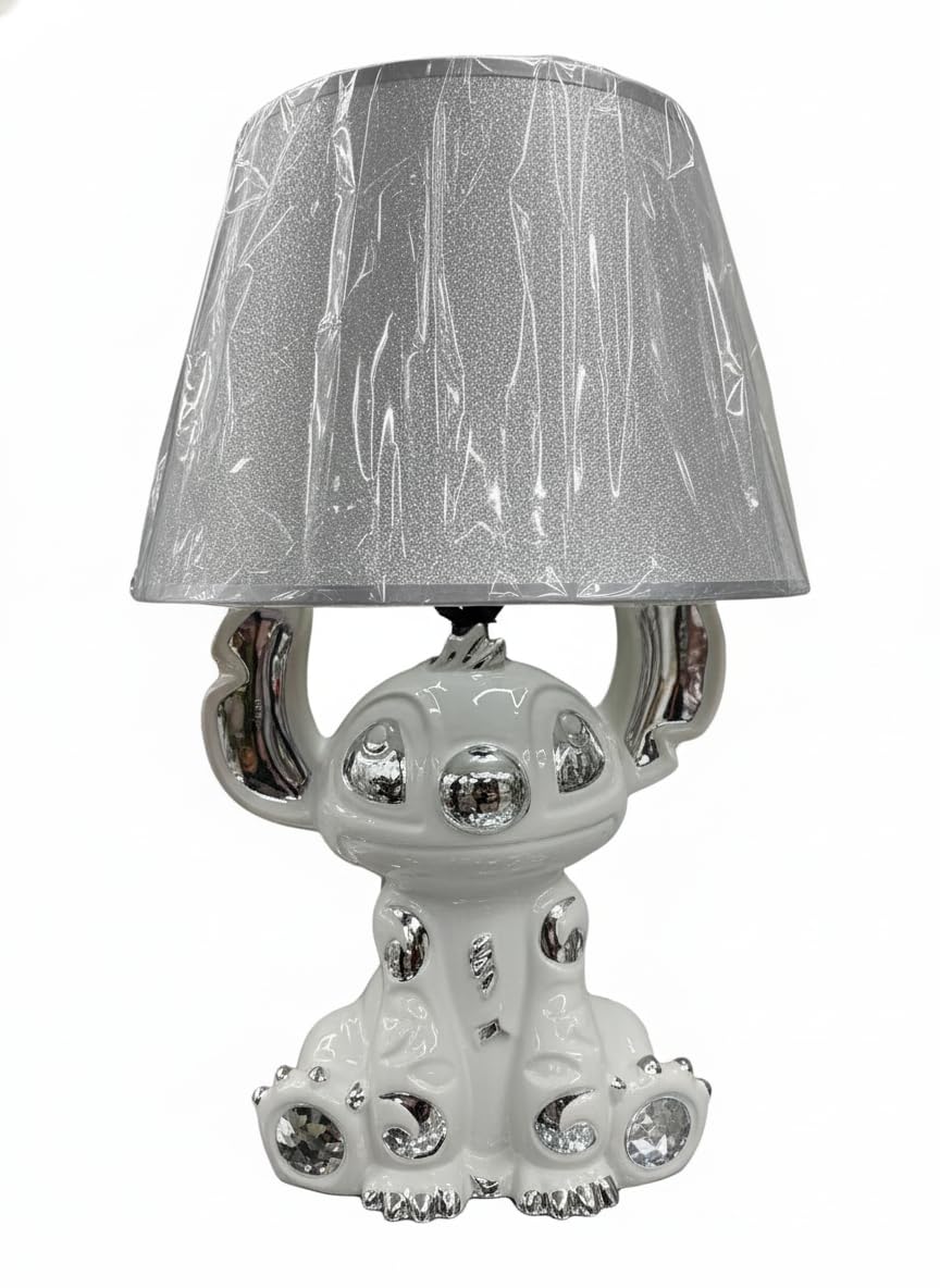 Bling Crushed Diamond Stitch Table Lamp with Silver Shade Ceramic Base Sparkling Bedside Home Decor (White Silver)